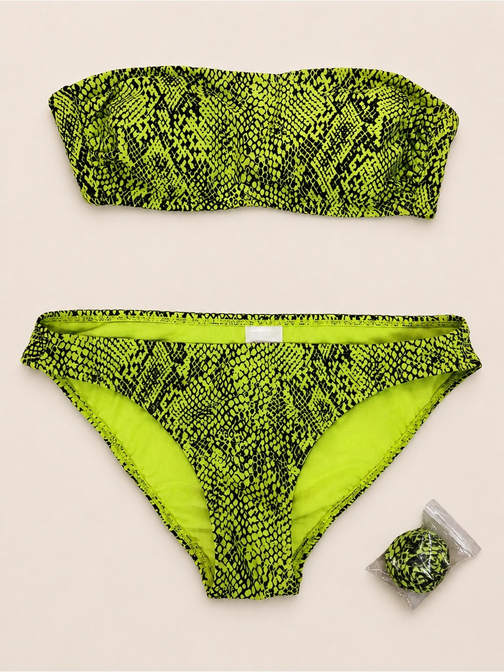 NWT Xhilaration Neon Green Black Snakeskin Bandeau Bikini Swim Set Top Bottom S